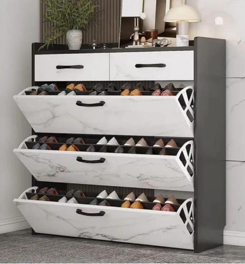 Bucket flip shoe cabinet with marble effect. image