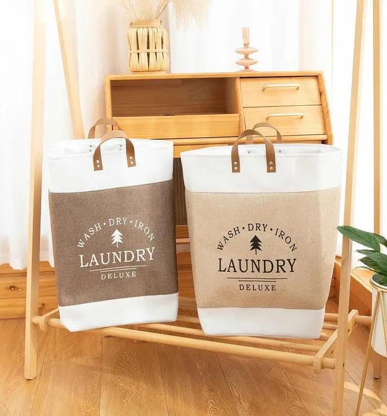 Linen Fabric Laundry Basket With Leather Handle  Size 35*35*55cm  Available in beige only  image