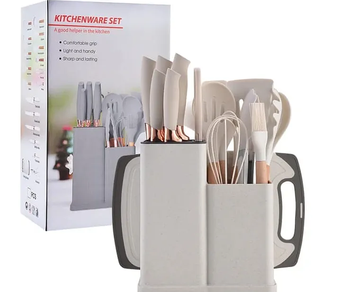 Generic 19 pcs silicone spoon set with knives and wooden handles image