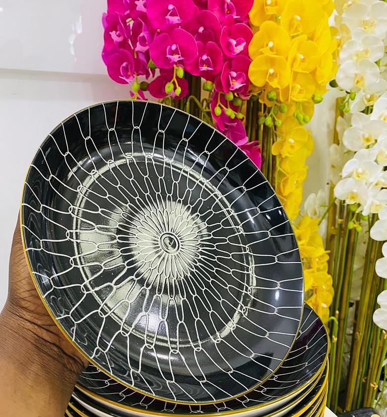 CERAMIC SERVING  BOWL PLATES 11"  WHITE AND BLACK GEOMETRIC PATTERN image