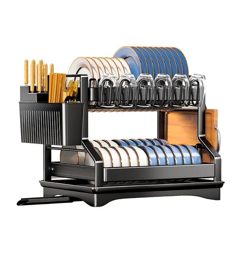 dish rack 2 tier black and white image