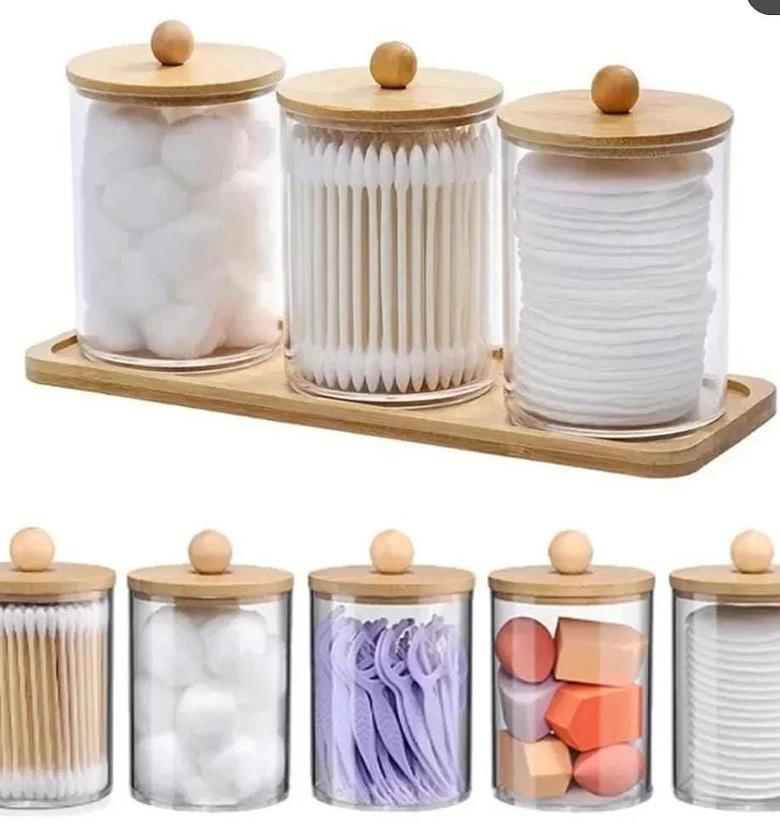 3pcs set acrylic swab storage organizer with Bamboo holder image