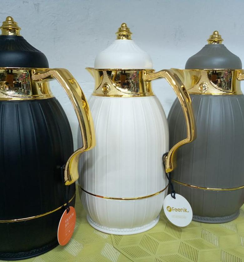 Insulated Coffee Carafe, 1 litre, Luxury Moroccan-Style Vacuum Insulated Thermos Flask with Spout, Glass Liner, for Tea, Coffee, Water - Carafes & Pitches with Lid-White and Gold image