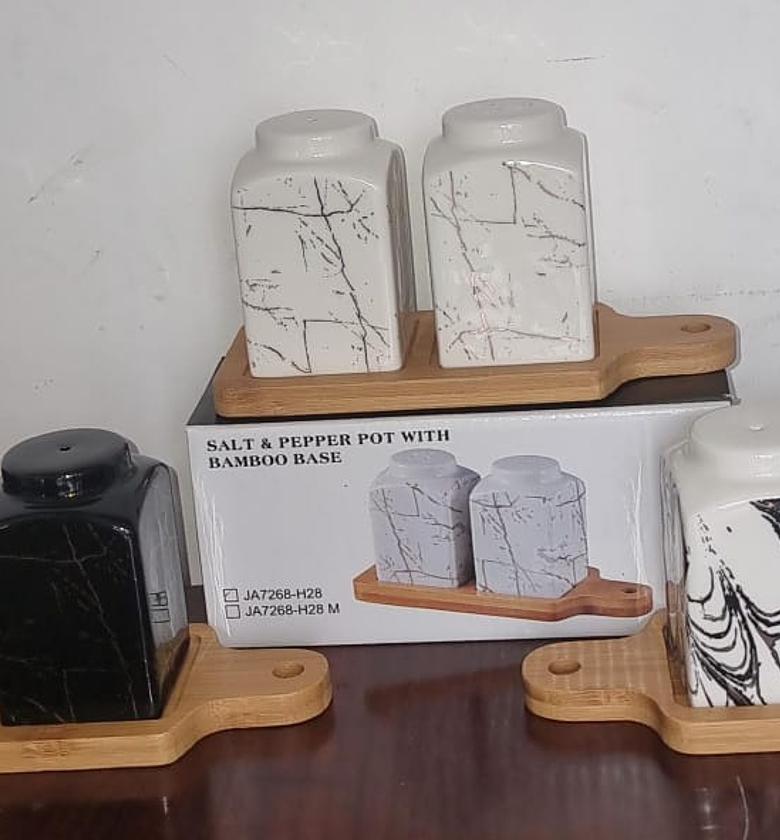 Ceramic Spice Jar Set Marble Gold Pepper Griner Bamboo Tray Ceramic Salt and Pepper Shaker Set image