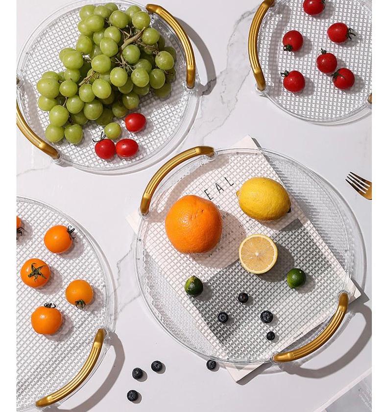  4 pack round clear acrylic serving tray with gold handles serving tray spill proof acrylic  decorative tray organizer for coffee table countertop appetizer breakfast vanity image