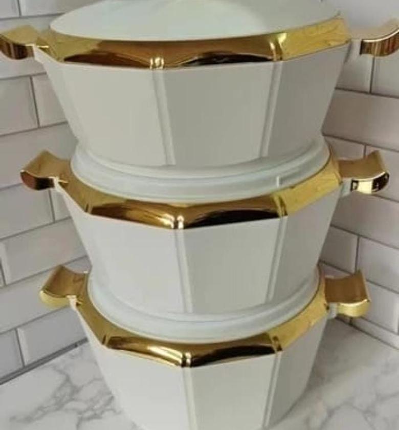 Luxury 3-Piece 2.1/2.6/3.1qt Hot Pot Food Warmer/Cooler, Casserole Dish Set with Lids, Insulated Stainless Steel Container, Serving Bowl for Buffets Best gift-Marbling White  image