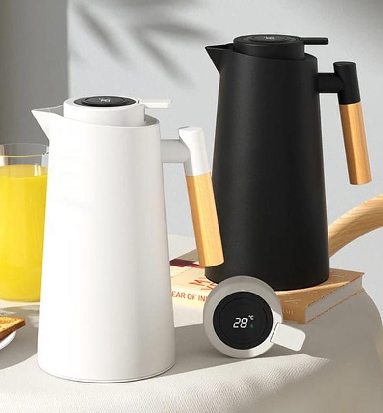 1L thermometer vacuum flask with a push button pour option now available in black green brown colors image