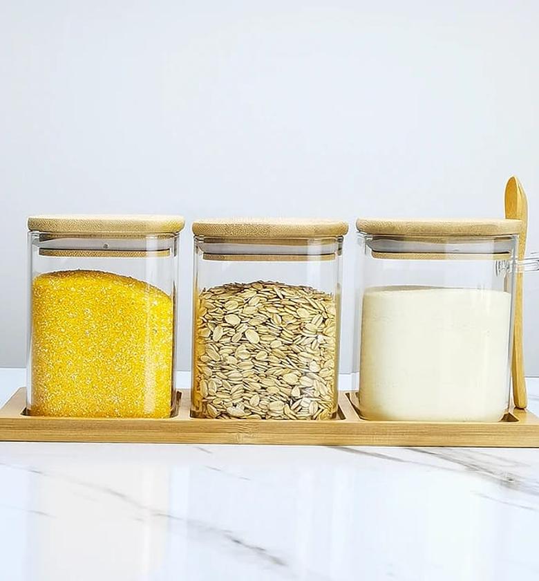 3 in 1 airtight containers 🏷️Perfect for spices. 🏷️Material: glass + bamboo lid with spoon 🏷️Size: 500ml  image
