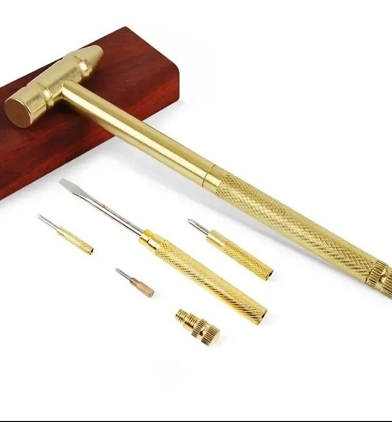 5 in 1 Multifunction Mini Hammer and Screwdriver Hand Tools Set Copper Alloy Gold Detachable Micro Screwdriver Service Hand Tool   image