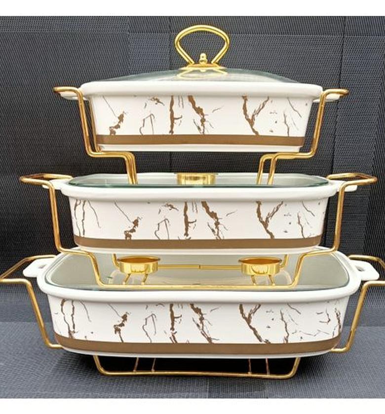 3 Pcs Stylish Serving/Chaffing Dishes With Burner And Lids image