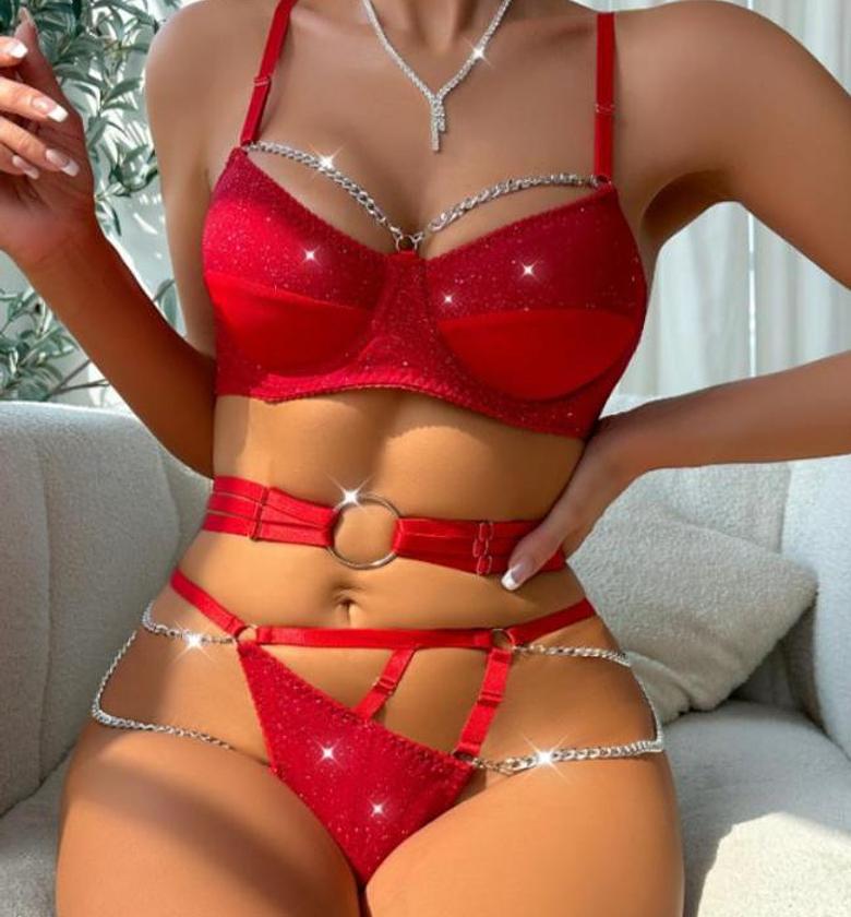 Hollowed-out network red shiny silver piece sexy underwear three-piece set Bra & Brief Sets image