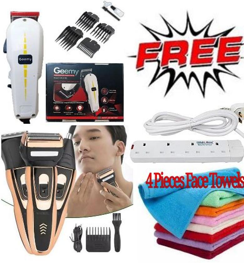 Geemy Electric Hair Trimmer Barbering Machine - Kinyozi + Free Professional 3 in 1 hair Clipper Wireless/Cordless & 4 Way Power Extension Cable & 4 Pieces Face Towels image