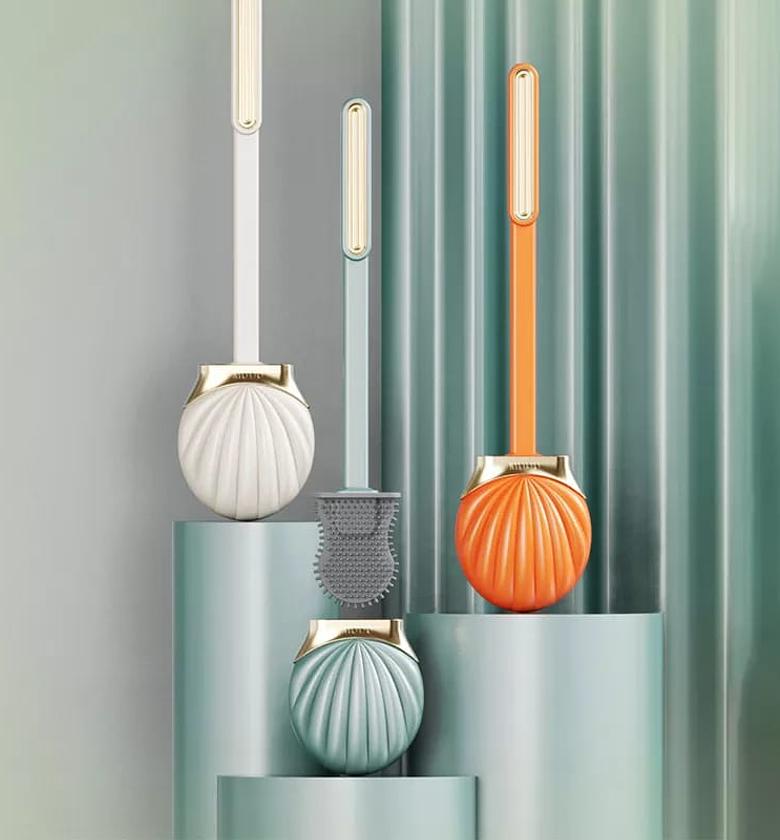 Toilet brush and holder for bathroom, silicone toilet brush with quick drying holder, compact size for storage and organization image