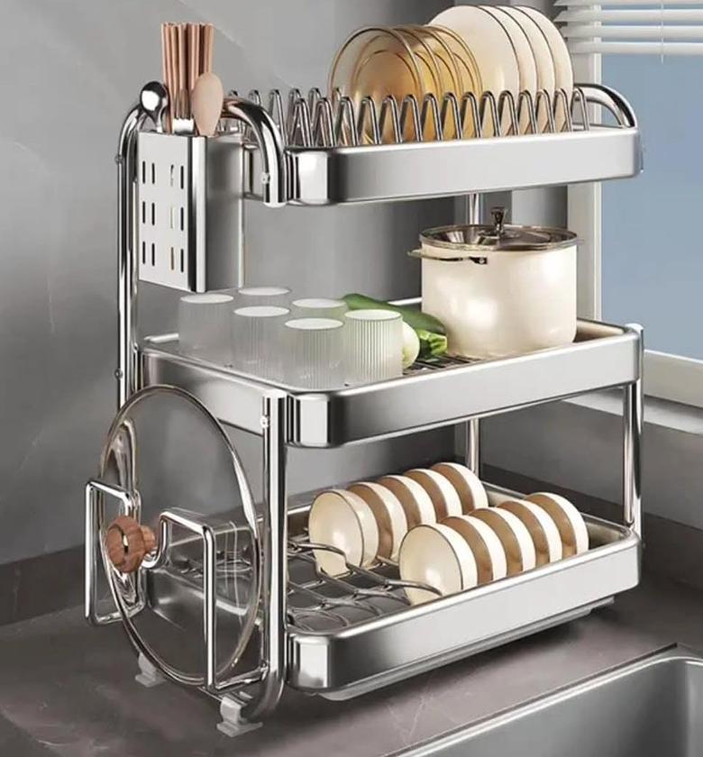 201ss Material 3-Tier Kitchen Chrome plated Dish Rack with drain tray image