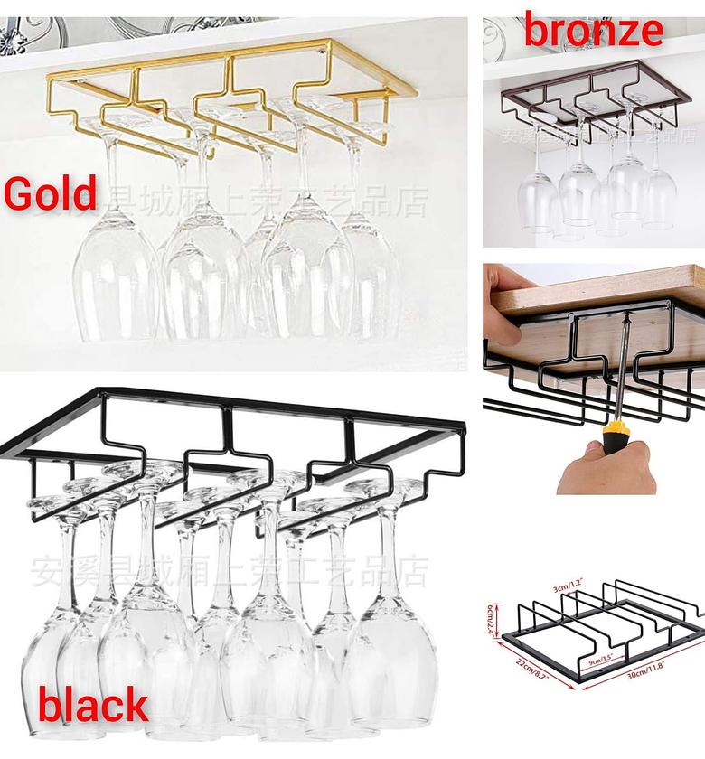  Under Cabinet Wine Glass Rack Stemware Holder Glass Storage Hanger Organizer for Kitchen and Bar Set of 2 (Black ,Gold) image