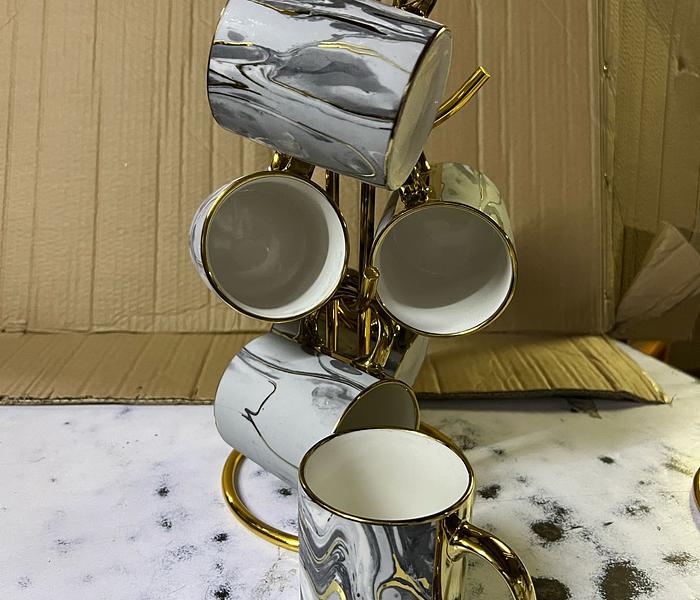 6 pcs golden mugs ceramic marble grey gold image