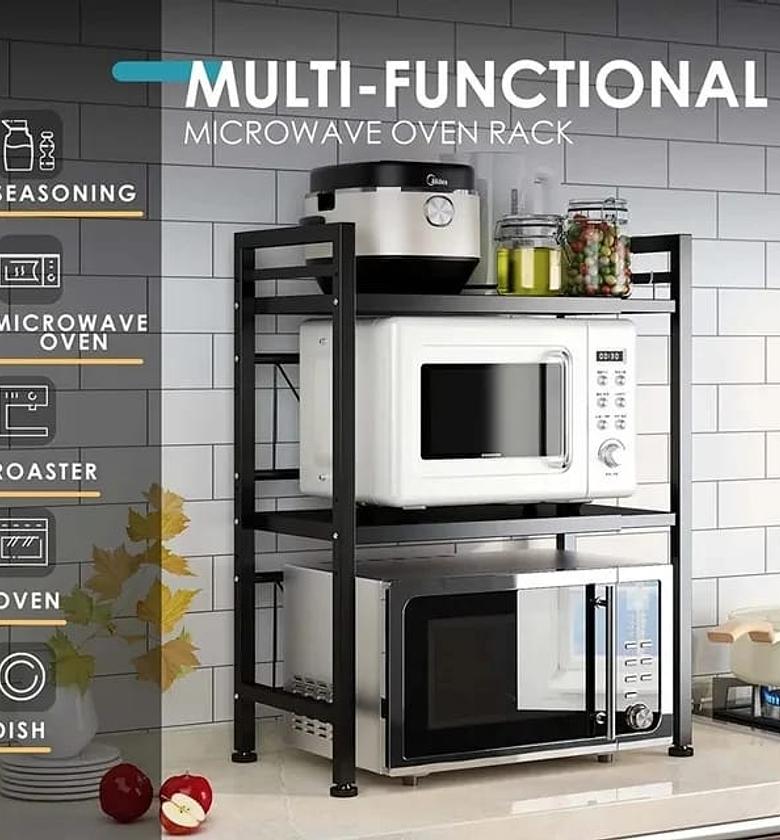 Heavy-duty 2Tier Telescopic Adjustable Microwave stand  ☑️Colour . Black  ☑️Size. 40~60*32*78cm ☑️Rust free image