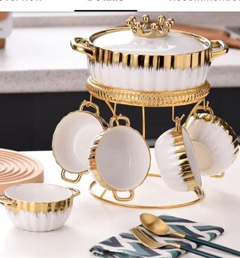 Fancy Ceramic Soup Tureen Bowl Gift Set with 6 Soup Bowls/Cups with Handles, Gold Stand & Lid, Hotpot Style Home Decor Kitchen Utensils Set for Ramen Pasta Gravy (White and Gold) image