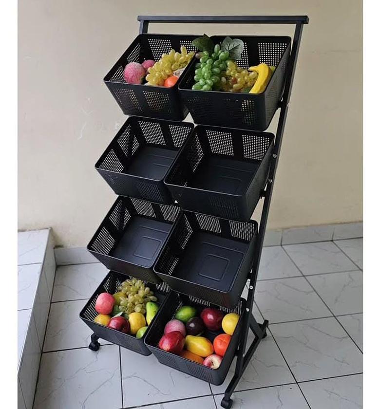 Metallic vegetable/fruit rack with lockable wheels. image