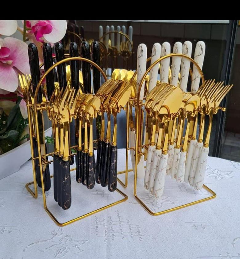 24 pc Cutlery Spoon Marble Black And  White image