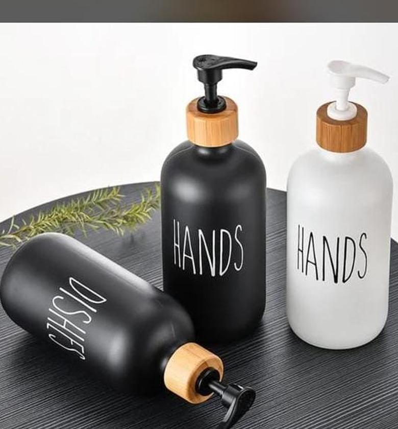 Soap Dispenser. Hands- dishes, soap- lotion branded Refillable ceramic bottles with Bamboo base image