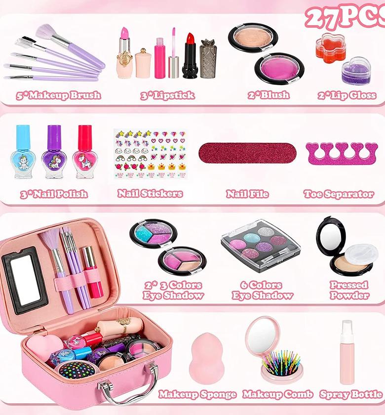 Girls Makeup Kit Kids Make Up Set Real Cosmetics Play Set with Travel Cosmetic Case Washable Party Game Make Up Toys Christmas Birthday Gift for Little image