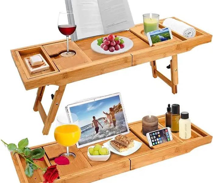Expandable Bamboo Bathtub Caddy Tray / Breakfast Bed Table with Stands image