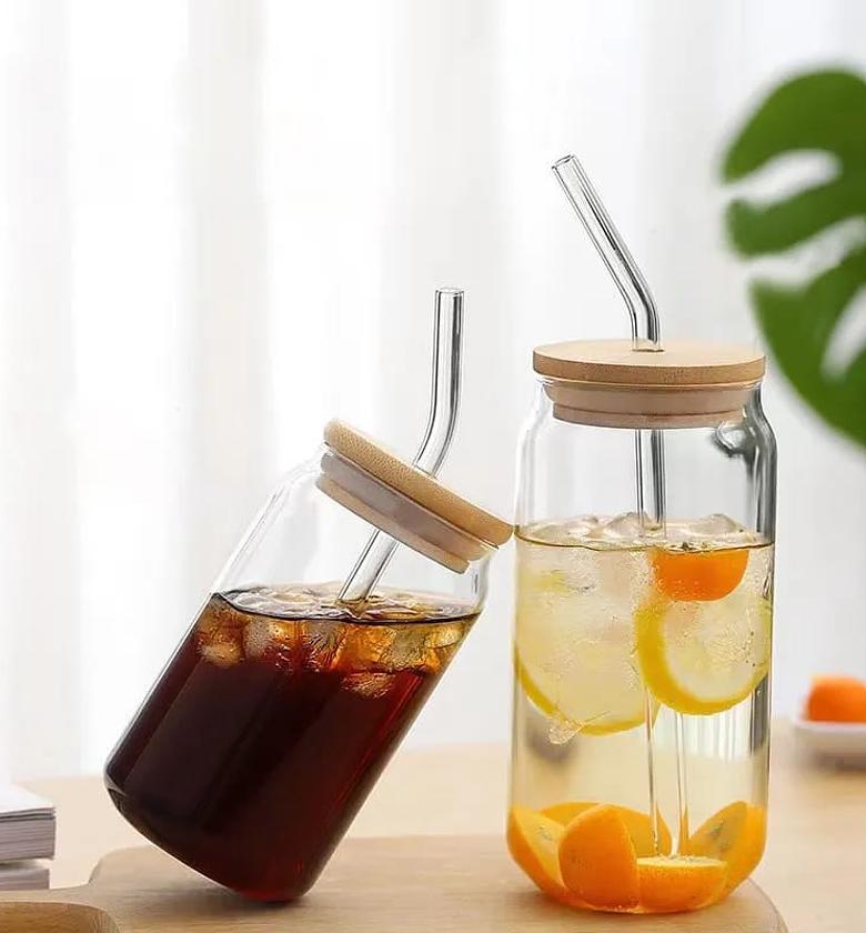 Glass cups with bamboo lids and glass straw - beer can shaped drinking glasses set, iced coffee glasses, cute tumbler cup, aesthetic coffee bar accessories,  image
