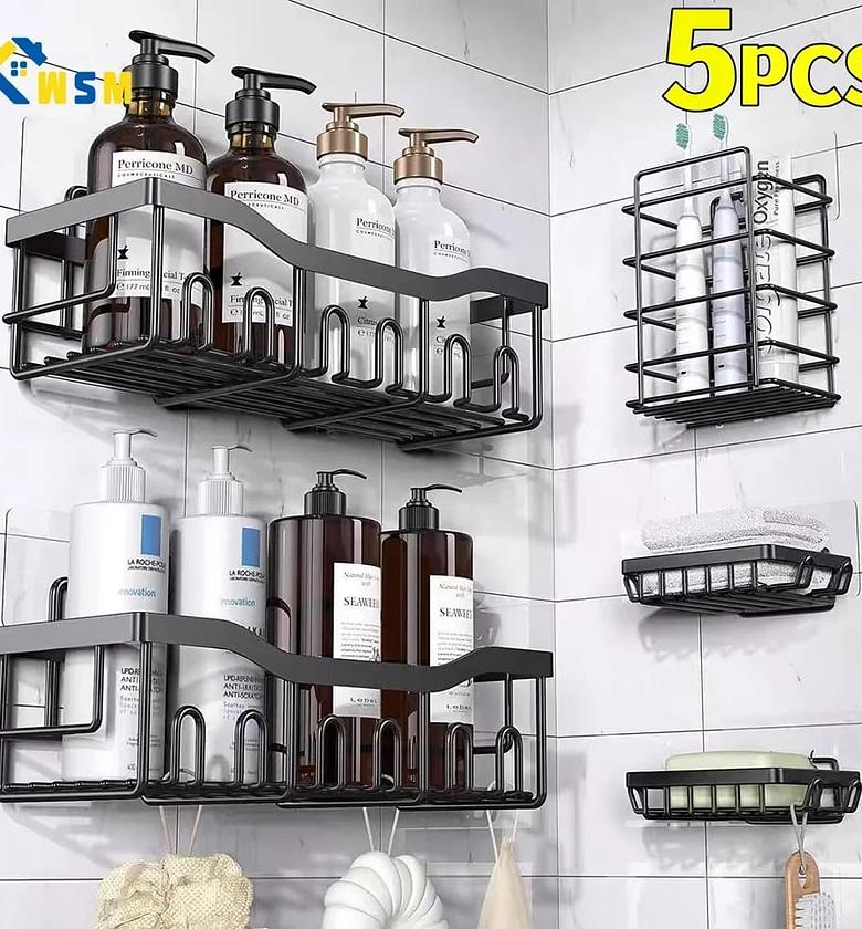3pcs set  Heavy-duty Shower caddy shelf/Bathroom organizer  ☑️ Rustproof ☑️No drilling ☑️Incresed load capacity adhesives  ☑️ Suitable for smooth flat walls ,eg tiles,Smooth marble,Smooth wood panels ,Smooth metal ,glass image