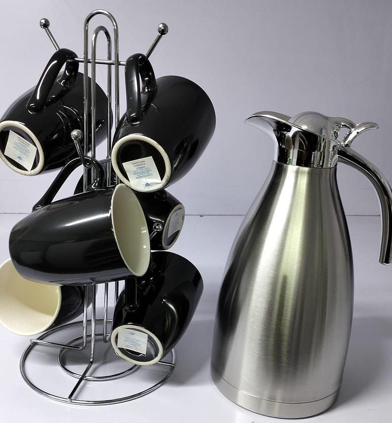 MUGS AND FLASK 6pc Classy black Mugs  +  2ltrs Black jp flask  image
