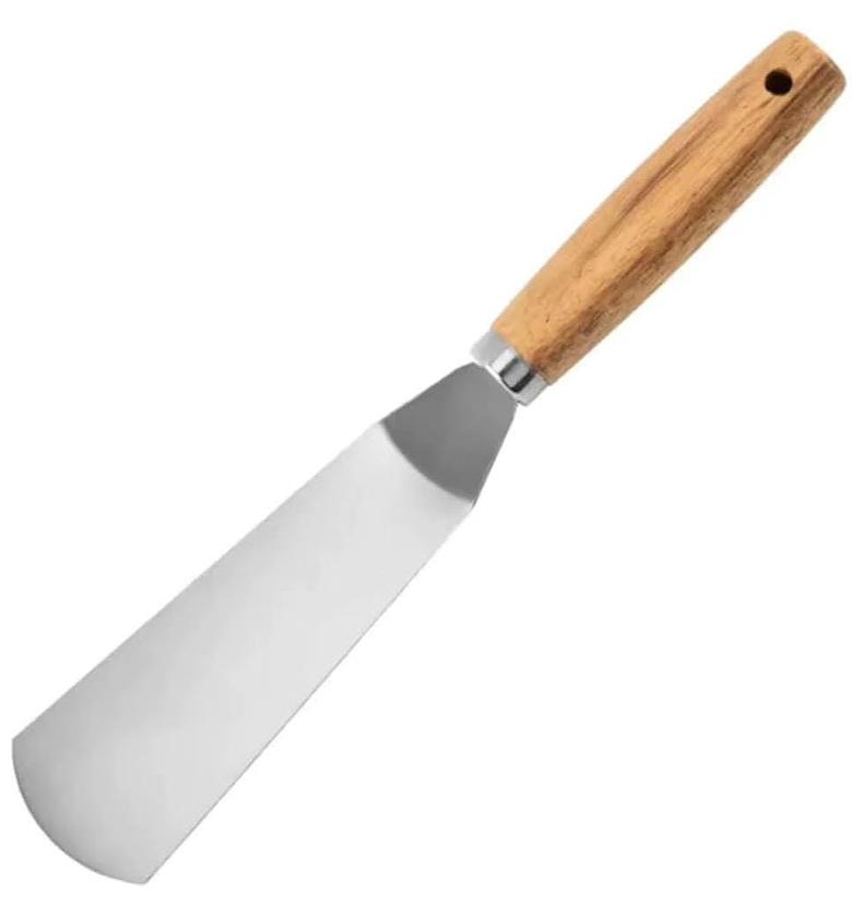 Stainless steel kitchen spatula with wooden handle. image