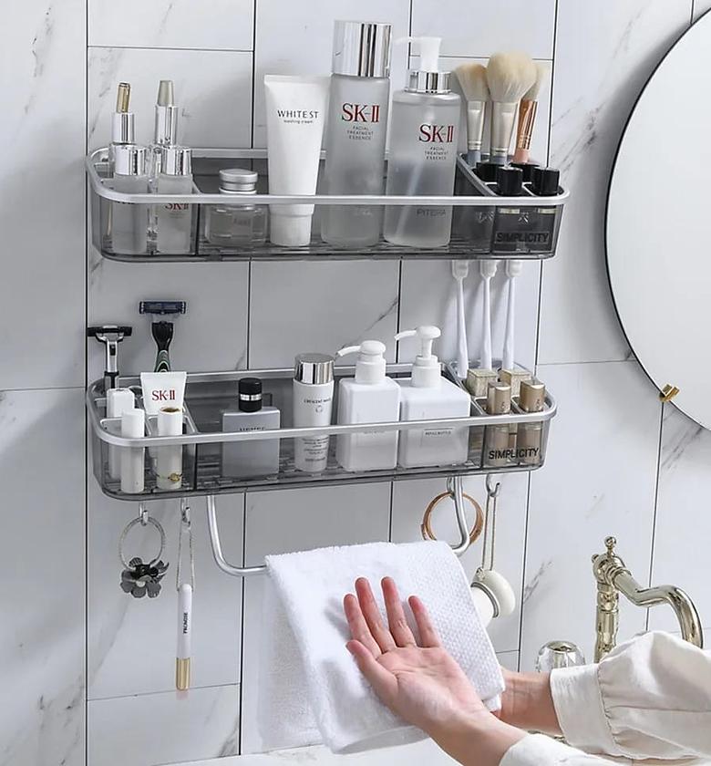 Big Size Acrylic Wall Mounted Shower Caddy, Clear,Acrylic Shelf, No Drilling Hang Walls Adhesive Shelf, Acrylic Bathroom Shelves with Self Adhesive Tape for Bathroom, Kitchen image