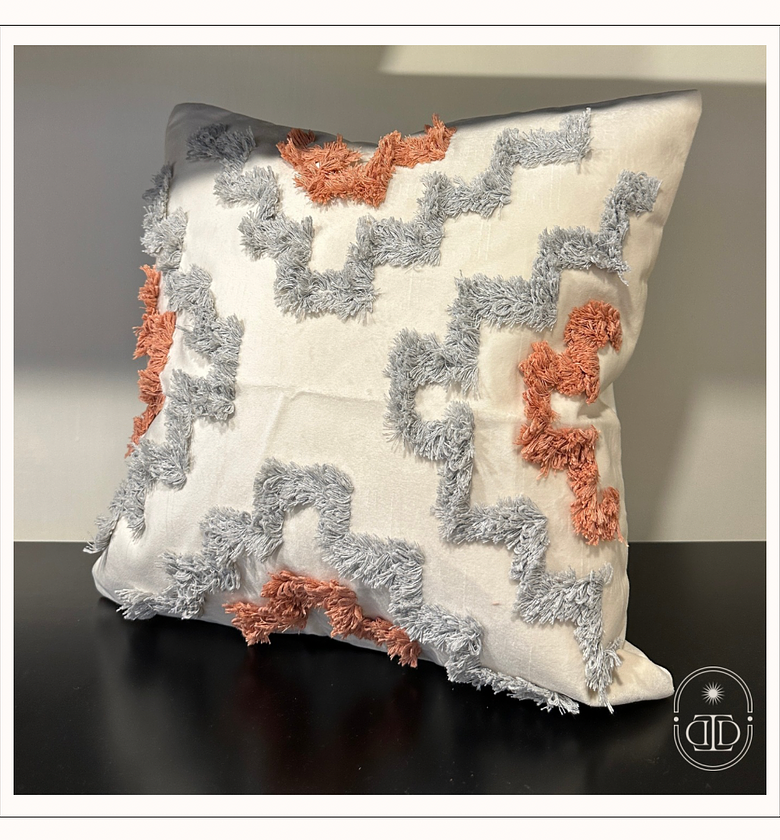Off white velvet cushion cover with woven pattern (grey & pink) image