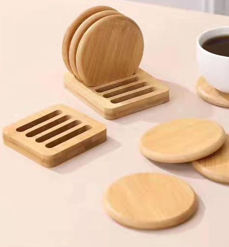 6pcs wooden coasters with holder. image
