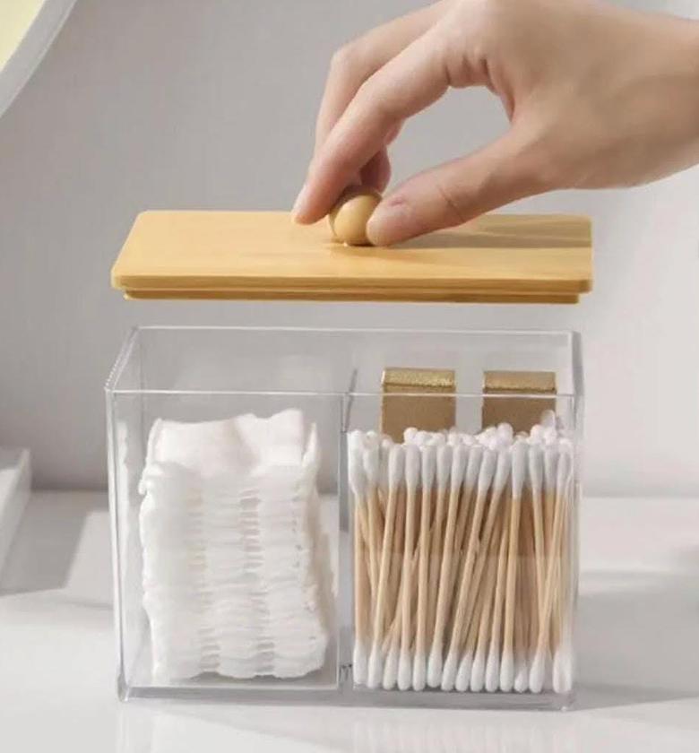 Partitioned acrylic ear bud/ cotton swabs organizer with bamboo lid. image