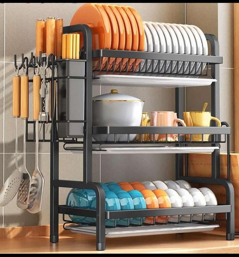  dish drying rack, 3 tier dish rack with tray utensil holder, large capacity dish drainer with cutting board holder drain board tray for kitchen counter organizer storage (black) image