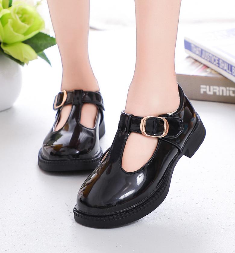 girls school shoes gold buckle wet look image