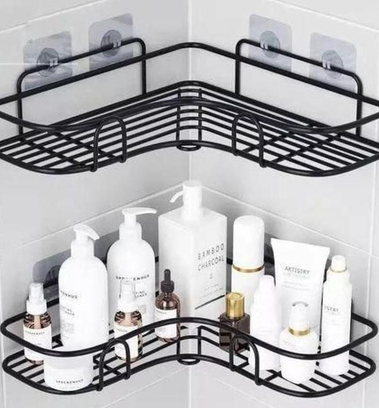 Metallic corner triangular bathroom/kitchen organizer  🔷 (WITH 2 ADHESIVE STICKER,EACH STICKER HAS DOUBLE HOOKS) image