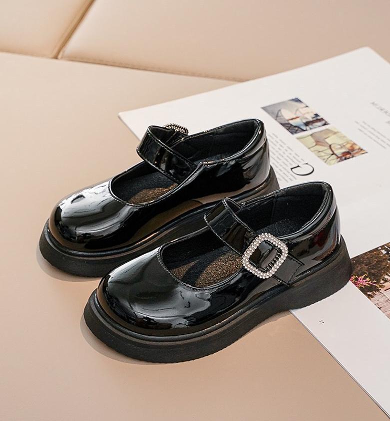 girls school shoes silver buckle wet look image