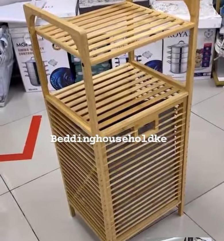 Laundry Hamper Bamboo Basket with removable fabric liner shelf rack. image