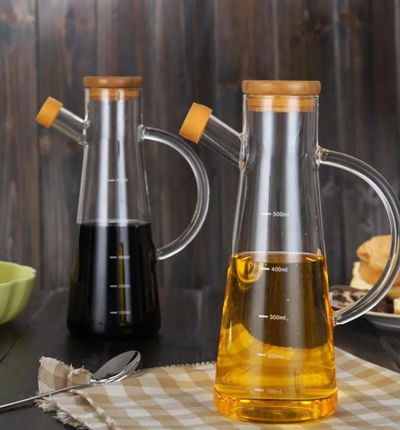  glass olive oil dispenser bottle - oil vinegar cruet with handle and natural bamboo lid - 580ml clear - leakproof condiment container carafe decanter for kitchen image