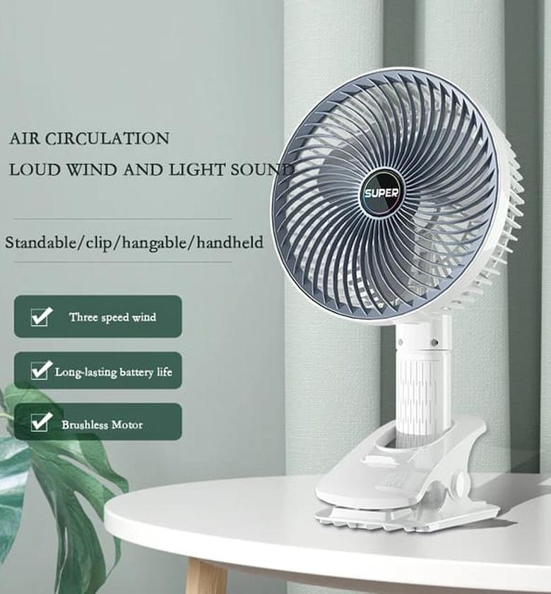 Rechargeable desktop fan, 3 speed fan : has 3 placement options, standing, hanging & clipped image