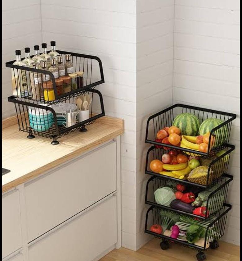 Fruit vegetable basket, 4 tier stackable metal wire basket cart with rolling wheels, utility rack for kitchen, pantry,  image