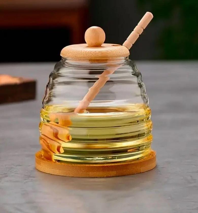 Multi-Purpose Glass Honey Storage Jars with Wooden Lid and Stirring Stick image