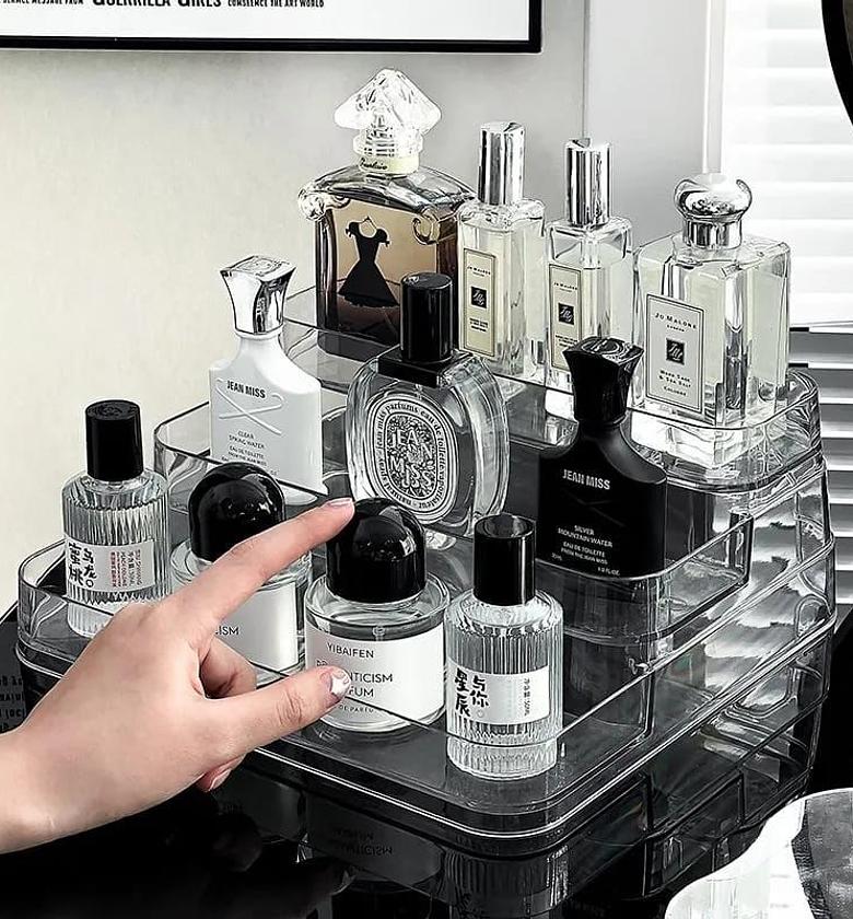  acrylic display shelf vanity perfume holder organizer 3 tiers clear display risers stand plastic figures cupcake storage rack image