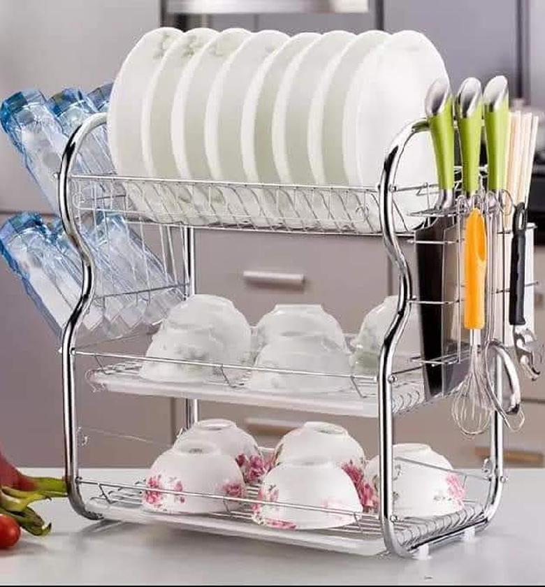 Generic 3 Layer Stainless Steel Kitchen Dish Rack With Spoons Holder. image