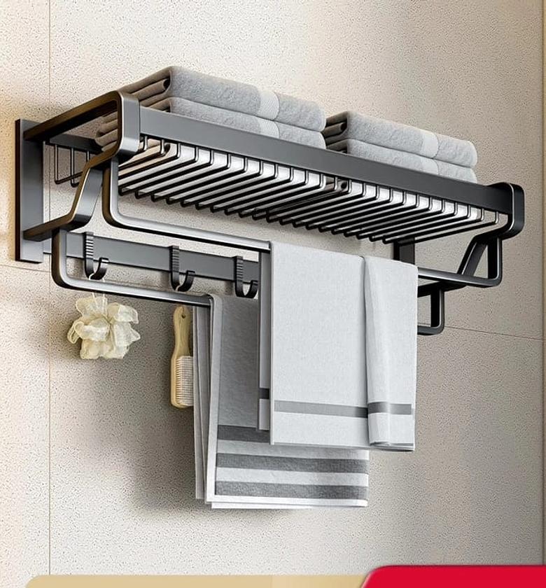 Bathroom wall mounted towel rack accessory with hooks image