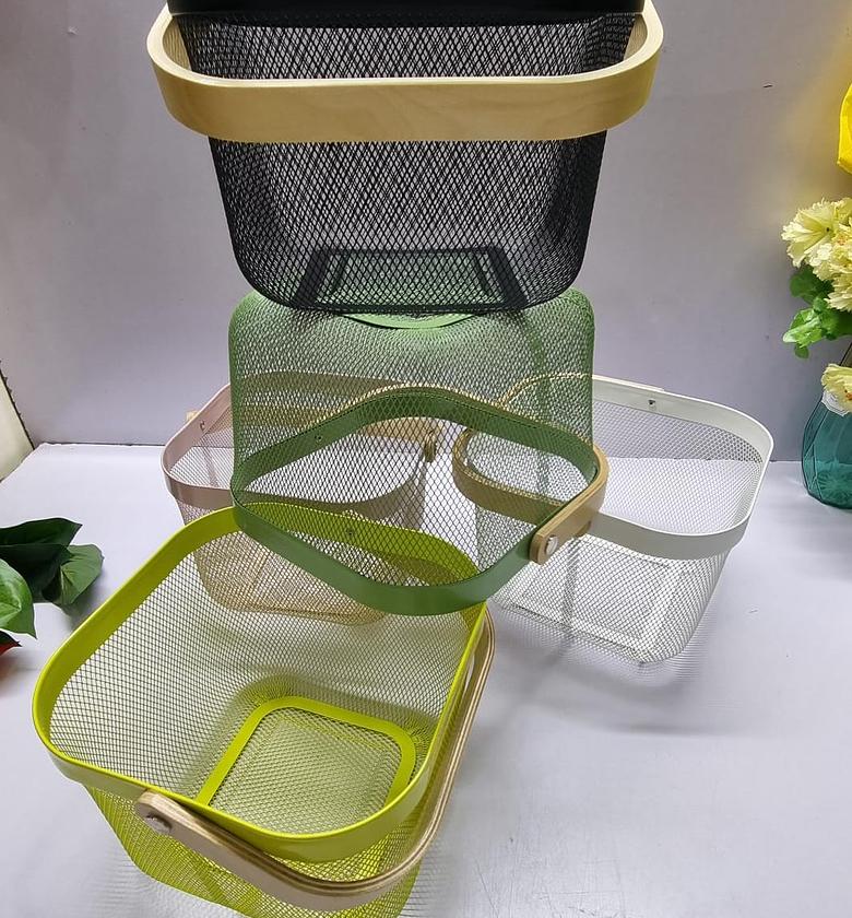 Square mesh fruit basket with wooden handle for kitchen storage organization image