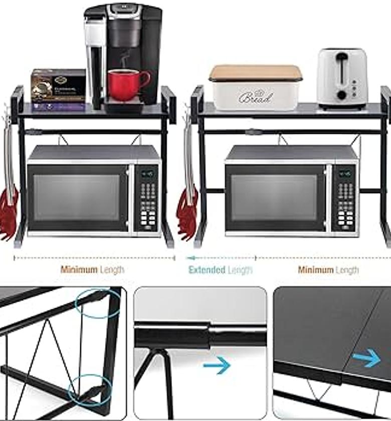 Expandable metal microwave oven rack shelf kitchen supplies tableware storage carbon stainless steel counter rice cooker stand contains 2 tiers with 3 hooks black image