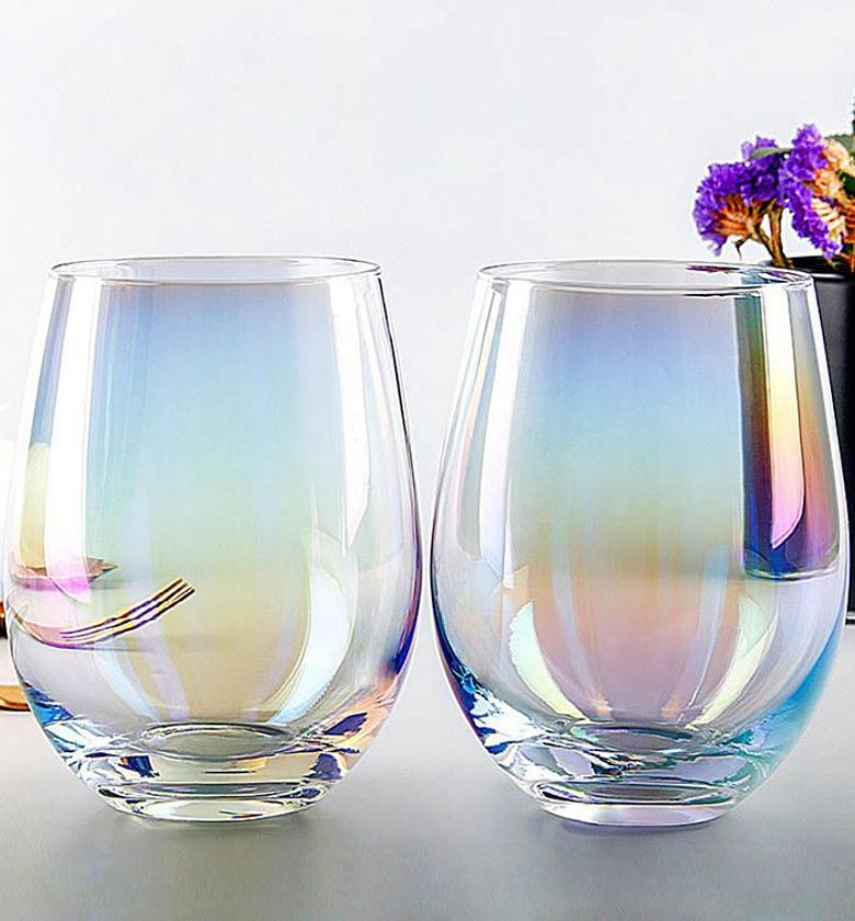 Stemless Wine Glasses, Set of 6 pcs. Rainbow Finish Tumblers, Decorative Barware image